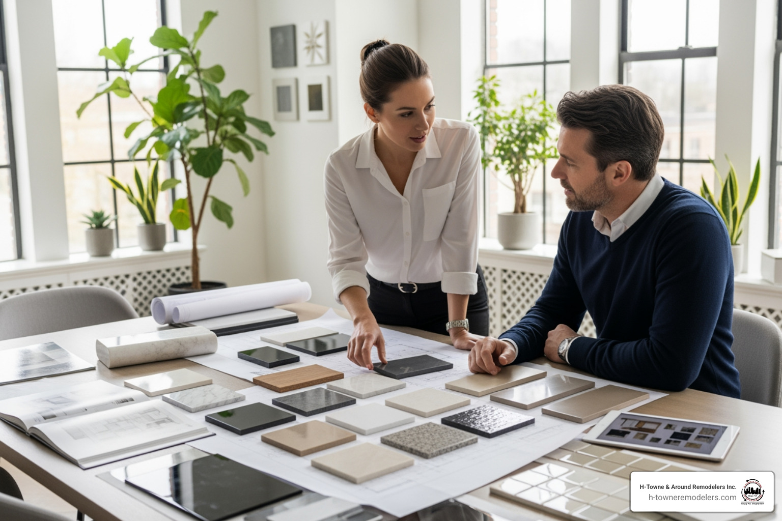 design consultation with material samples and blueprints - kitchen remodel houston tx