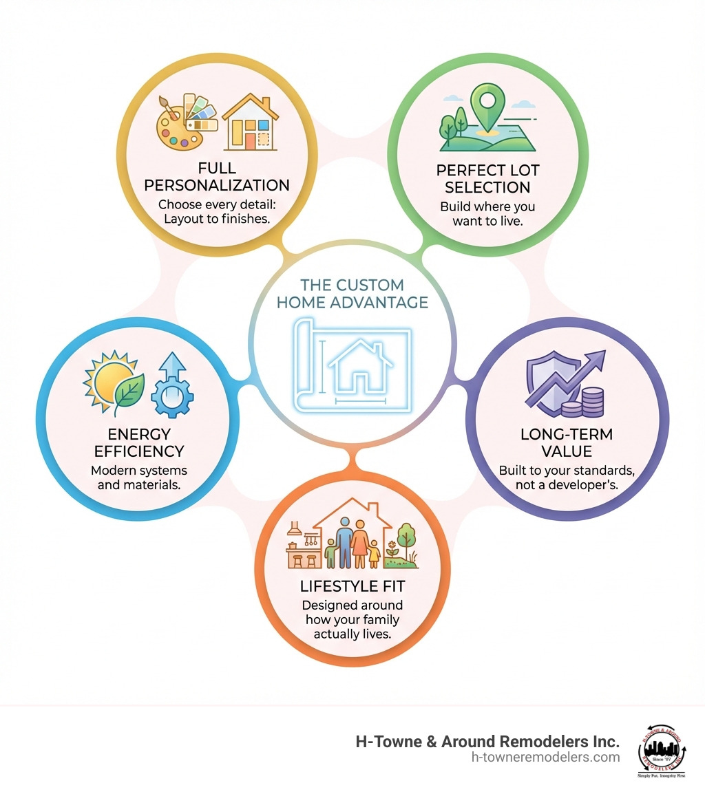Infographic showing the benefits of building a custom home: Full Personalization (choose every detail from layout to finishes), Perfect Lot Selection (build where you want to live), Energy Efficiency (modern systems and materials), Long-term Value (built to your standards, not a developer's budget), Lifestyle Fit (designed around how your family actually lives) - Custom home builder Cypress infographic 