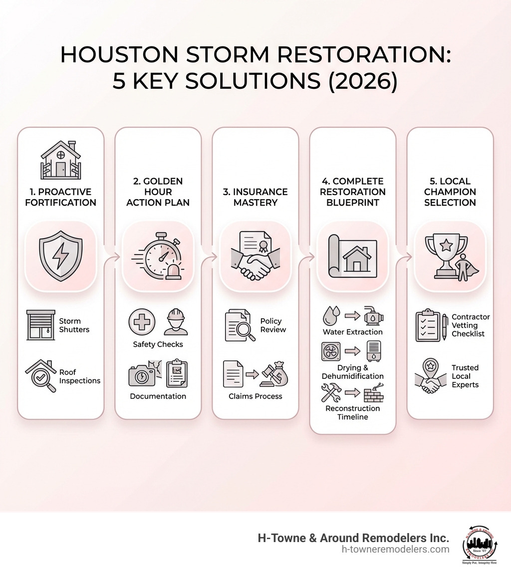 Infographic showing the 5 key solutions to storm restoration in Houston: 1. Proactive Fortification with storm shutters and roof inspections, 2. Golden Hour Action Plan with safety checks and documentation, 3. Insurance Mastery showing policy review and claims process, 4. Complete Restoration Blueprint from water extraction to reconstruction timeline, 5. Local Champion Selection with contractor vetting checklist - storm restoration houston infographic 