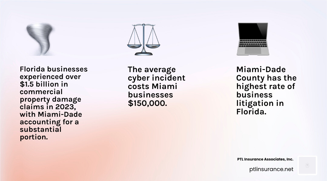 Infographic showing Top 3 Business Risks in Miami: Hurricane and property damage ($1.5B in commercial claims across Florida in 2023, with Miami-Dade accounting for a substantial portion), High litigation rates (Miami-Dade has the highest business litigation rate in Florida), and Cyber threats (average loss of $150,000 per incident for Miami businesses) - commercial and business insurance miami fl infographic 3_facts_emoji_light-gradient Infographic showing Top 3 Business Risks in Miami: Hurricane and property damage ($1.5B in commercial claims across Florida in 2023, with Miami-Dade accounting for a substantial portion), High litigation rates (Miami-Dade has the highest business litigation rate in Florida), and Cyber threats (average loss of $150,000 per incident for Miami businesses) - commercial and business insurance miami fl infographic 3_facts_emoji_light-gradient