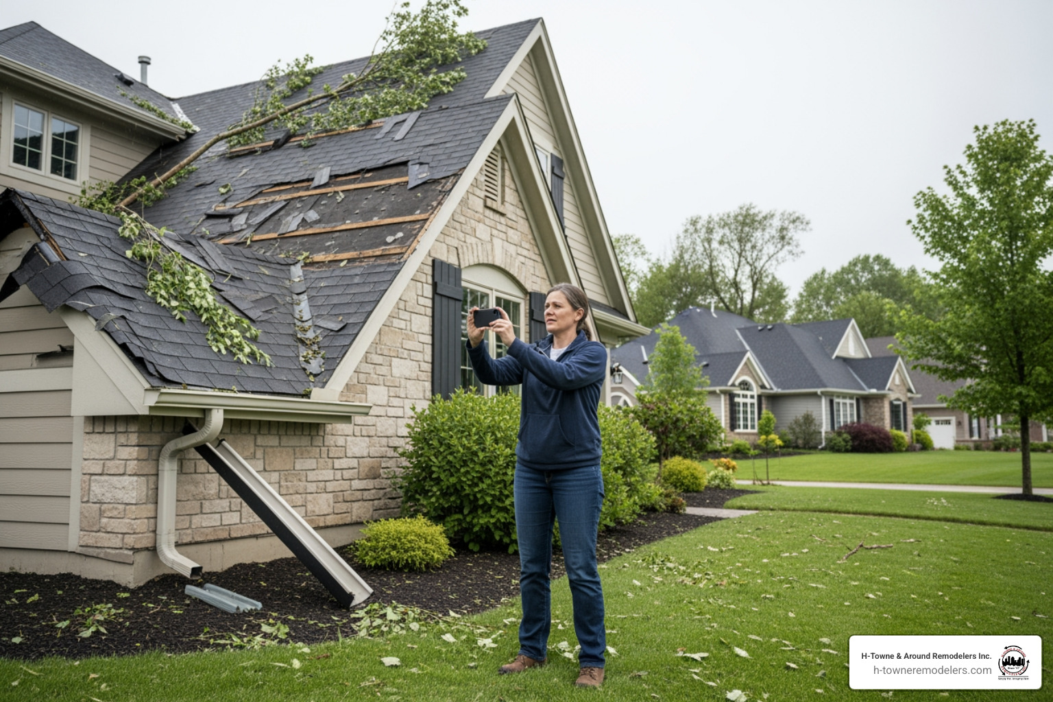 homeowner safely taking photos of roof damage from ground - storm restoration houston