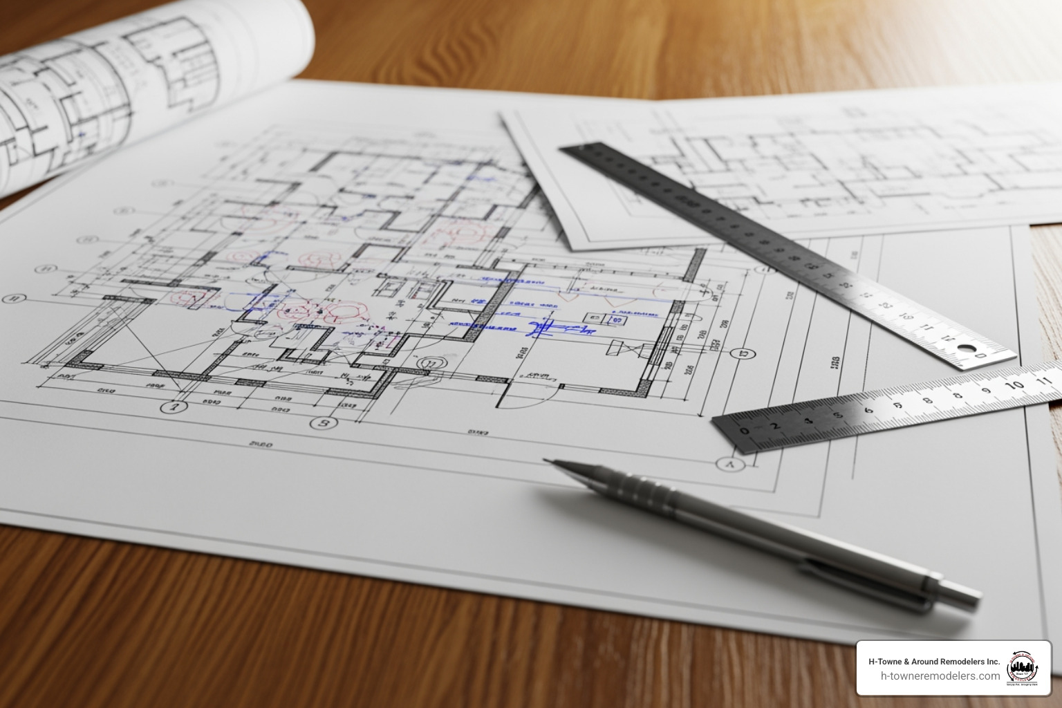 architectural blueprints laid out on a table - Custom home builder Cypress