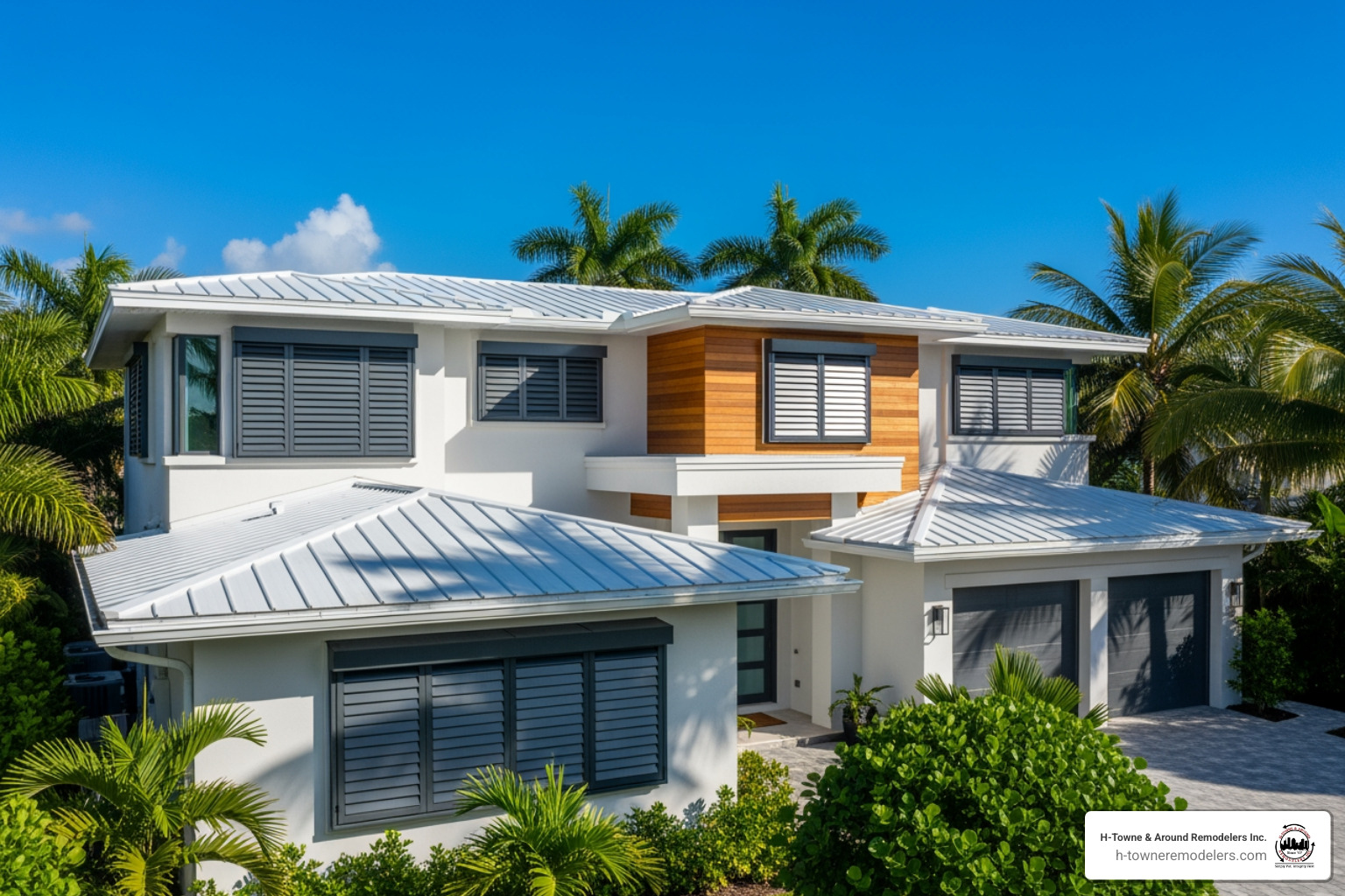 home with storm shutters and well-maintained roof - storm restoration houston