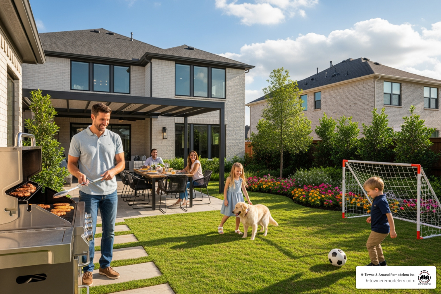 family enjoying a backyard in a Cypress master-planned community - Custom home builder Cypress