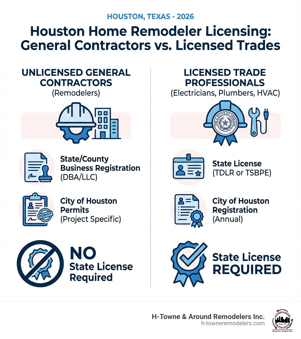 Infographic showing the difference between unlicensed general contractors (who need business registration and city permits) and licensed trade professionals (who need state licenses from TDLR or TSBPE, plus city registration) in Houston, Texas - houston home remodeler license infographic 
