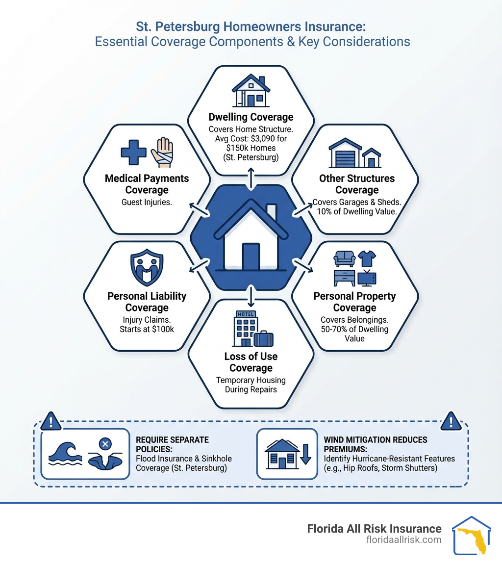 Infographic explaining the six essential components of St. Petersburg homeowners insurance coverage: Dwelling Coverage protecting the home structure with average costs of $3,090 for $150k homes; Other Structures Coverage at 10% of dwelling value for garages and sheds; Personal Property Coverage at 50-70% of dwelling value for belongings; Loss of Use Coverage for temporary housing during repairs; Personal Liability Coverage starting at $100k for injury claims; and Medical Payments Coverage for guest injuries. The infographic highlights that flood insurance and sinkhole coverage require separate policies in St. Petersburg, and shows that wind mitigation inspections can reduce premiums by identifying hurricane-resistant features like hip roofs and storm shutters. - st petersburg homeowners insurance coverage infographic Infographic explaining the six essential components of St. Petersburg homeowners insurance coverage: Dwelling Coverage protecting the home structure with average costs of $3,090 for $150k homes; Other Structures Coverage at 10% of dwelling value for garages and sheds; Personal Property Coverage at 50-70% of dwelling value for belongings; Loss of Use Coverage for temporary housing during repairs; Personal Liability Coverage starting at $100k for injury claims; and Medical Payments Coverage for guest injuries. The infographic highlights that flood insurance and sinkhole coverage require separate policies in St. Petersburg, and shows that wind mitigation inspections can reduce premiums by identifying hurricane-resistant features like hip roofs and storm shutters. - st petersburg homeowners insurance coverage infographic