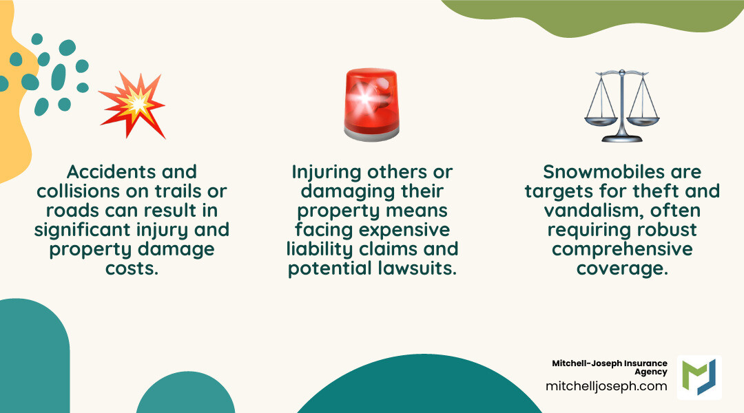 Infographic showing three main snowmobile risks: 1) Accidents and collisions causing injury or property damage requiring liability and collision coverage, 2) Theft and vandalism requiring comprehensive coverage, 3) Liability claims from injuring others requiring bodily injury protection - insurance for a snowmobile infographic 3_facts_emoji_nature