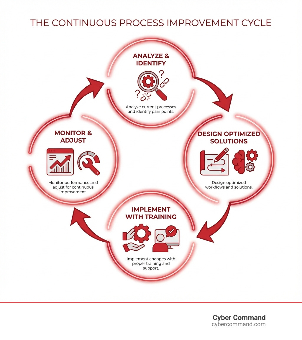Infographic showing the continuous cycle of process improvement: Analyze current processes and identify pain points, Design optimized workflows and solutions, Implement changes with proper training and support, Monitor performance and adjust for continuous improvement, then return to Analyze - process improvement services infographic 