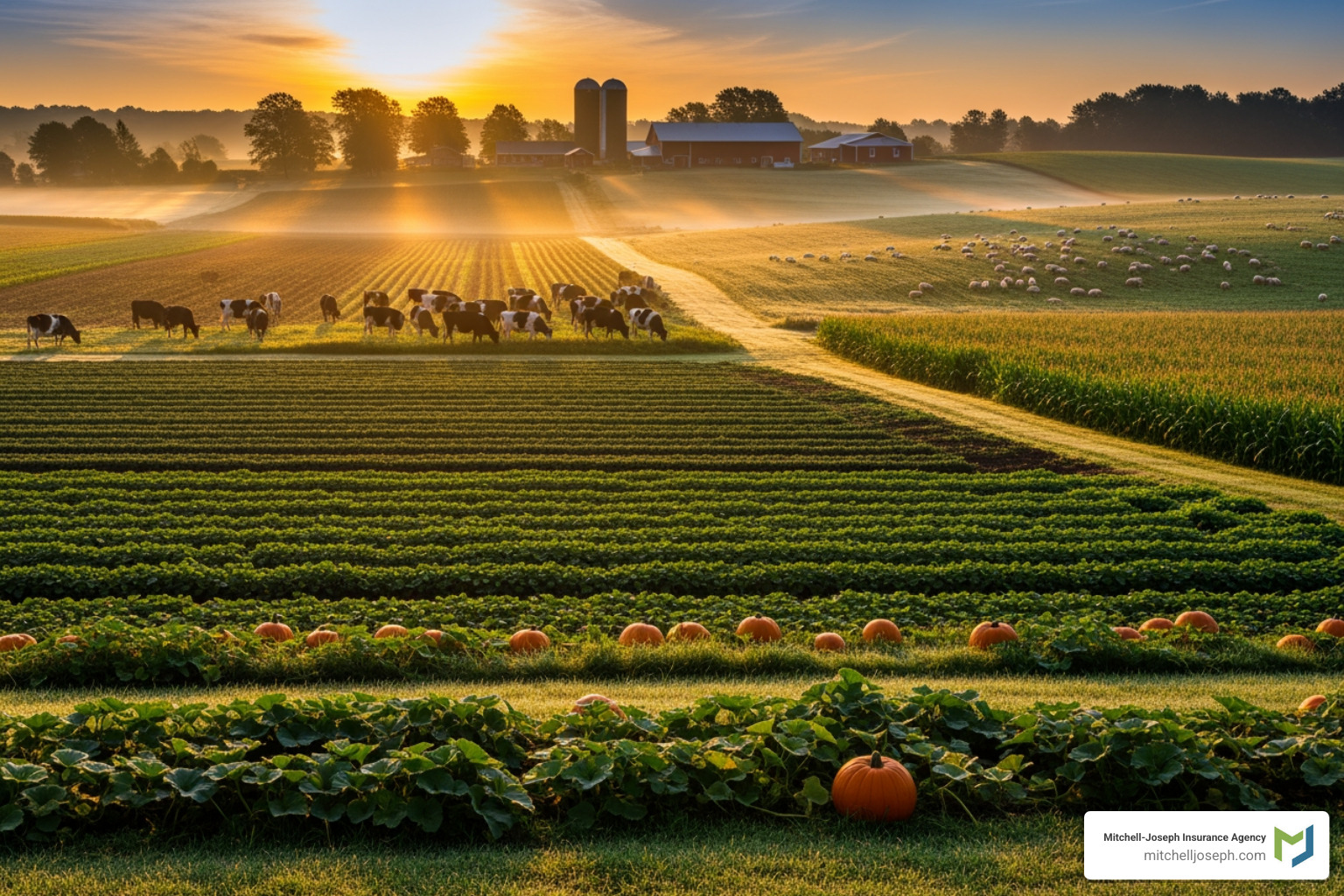 diverse New York farm with crops and livestock at sunrise - agricultural insurance company