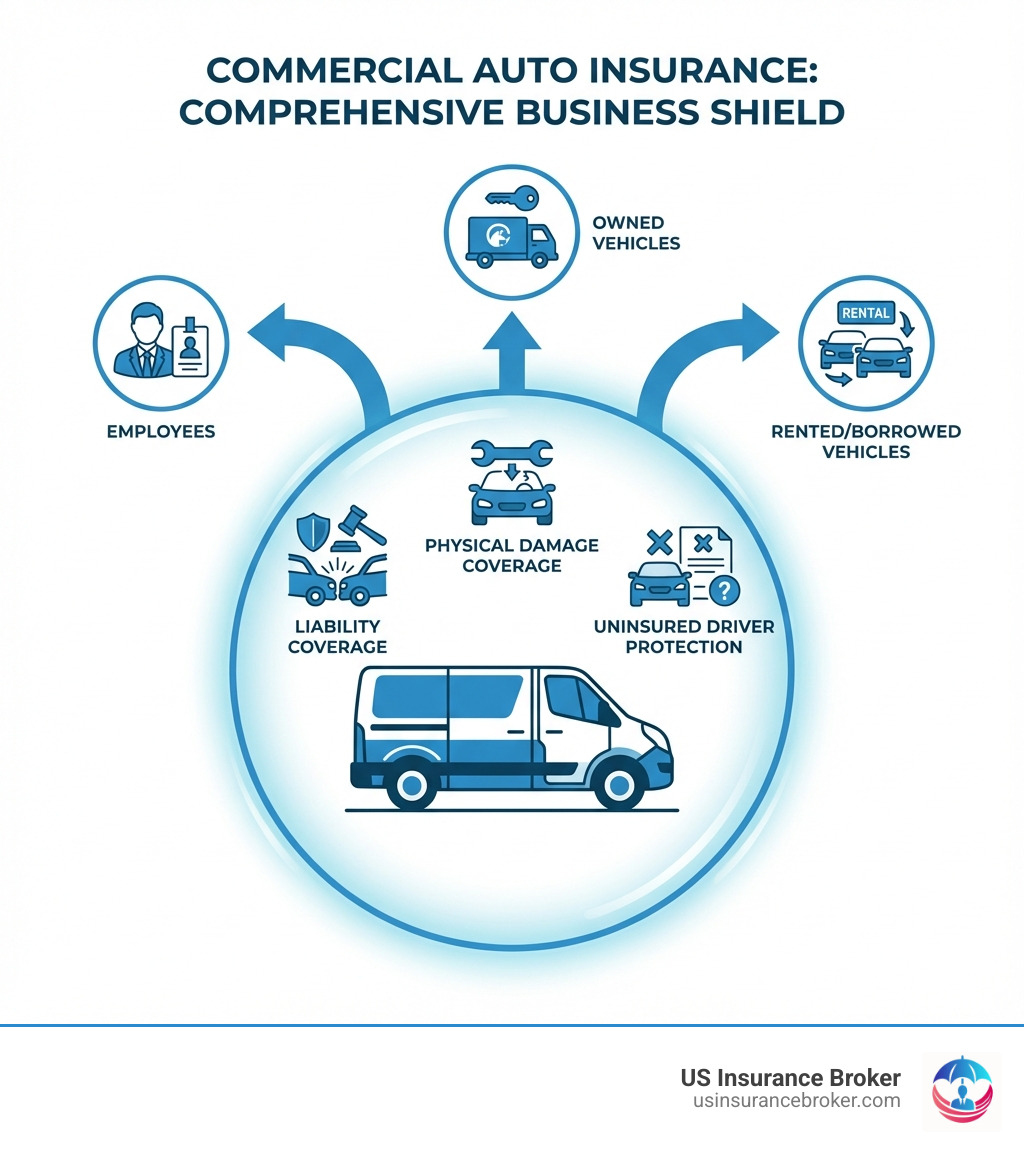 infographic showing commercial auto insurance as a protective shield around a business vehicle, with icons representing liability coverage, physical damage coverage, and protection from uninsured drivers, plus arrows indicating coverage for employees, owned vehicles, and rented/borrowed vehicles - commercial auto insurance infographic infographic showing commercial auto insurance as a protective shield around a business vehicle, with icons representing liability coverage, physical damage coverage, and protection from uninsured drivers, plus arrows indicating coverage for employees, owned vehicles, and rented/borrowed vehicles - commercial auto insurance infographic
