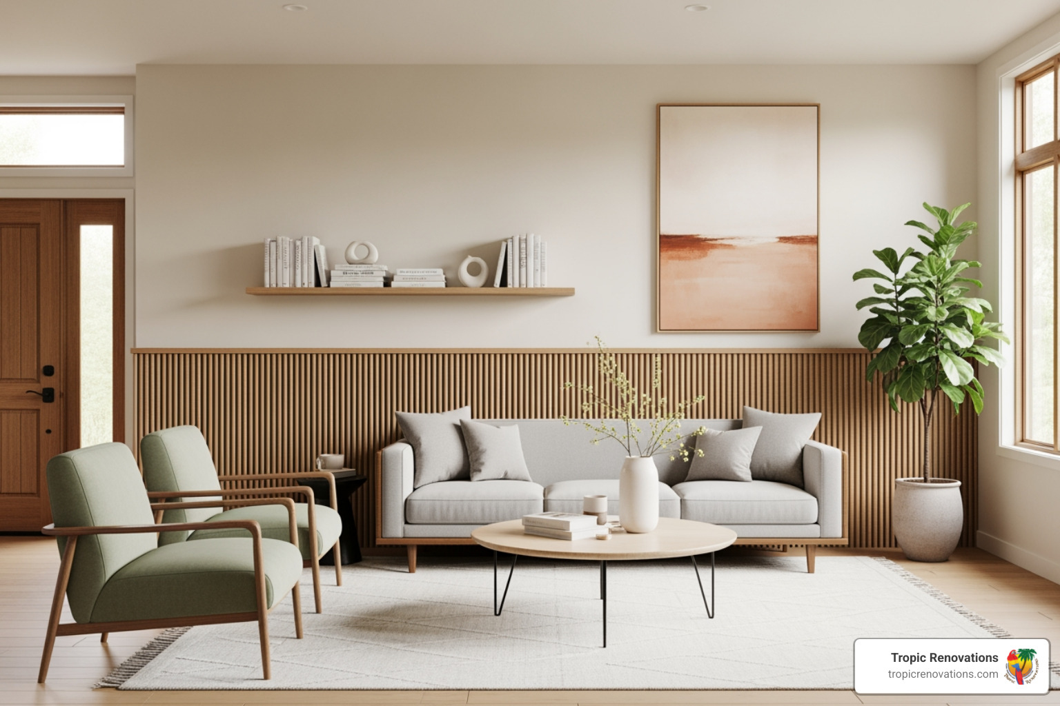 contemporary living room with fluted wood half wall - accent half wall ideas