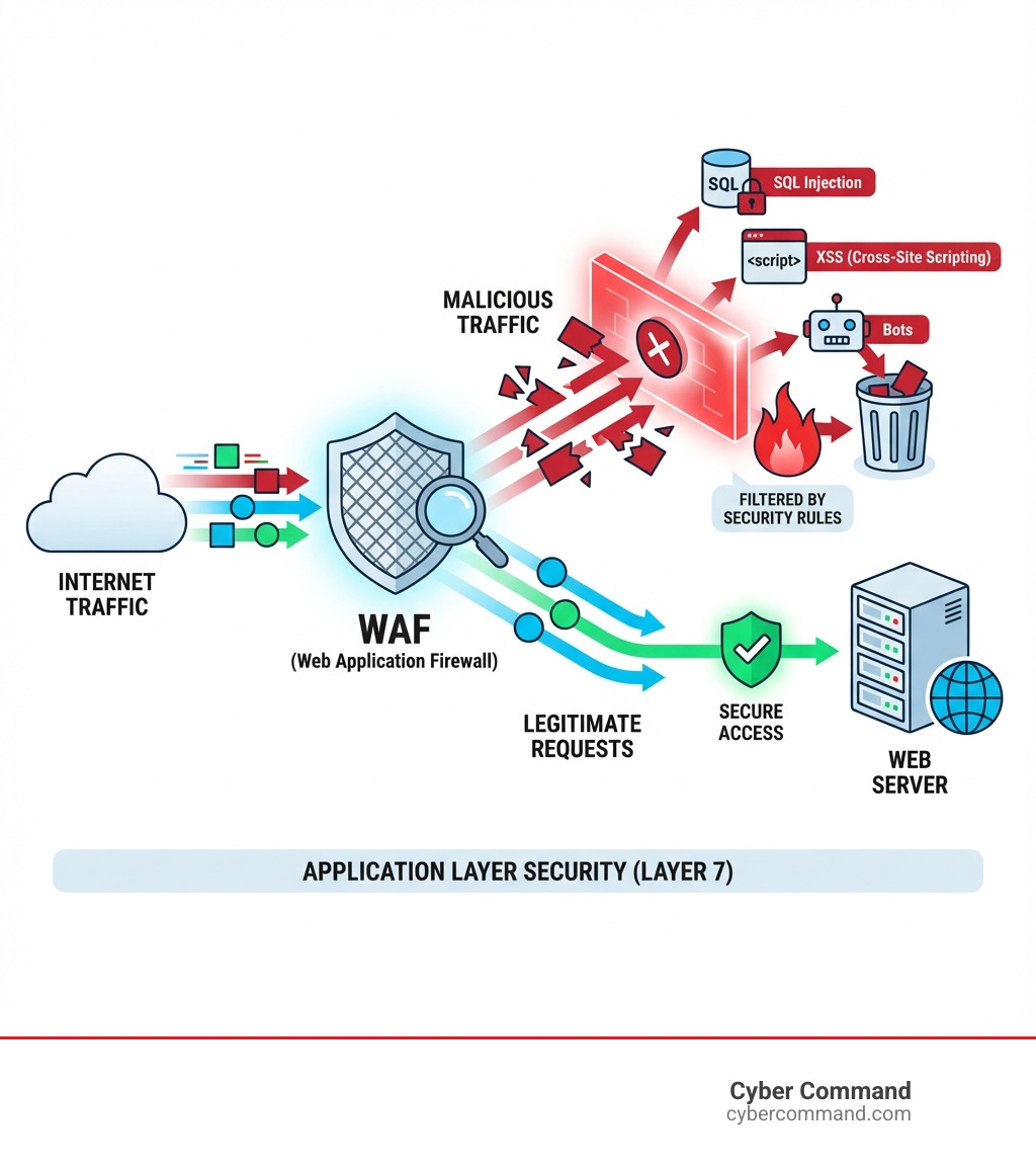 Infographic showing how a WAF works: Internet traffic flows through the WAF which filters requests based on security rules, blocking malicious traffic (SQL injection, XSS, bots) while allowing legitimate requests to reach the web server - Web application firewall infographic Infographic showing how a WAF works: Internet traffic flows through the WAF which filters requests based on security rules, blocking malicious traffic (SQL injection, XSS, bots) while allowing legitimate requests to reach the web server - Web application firewall infographic