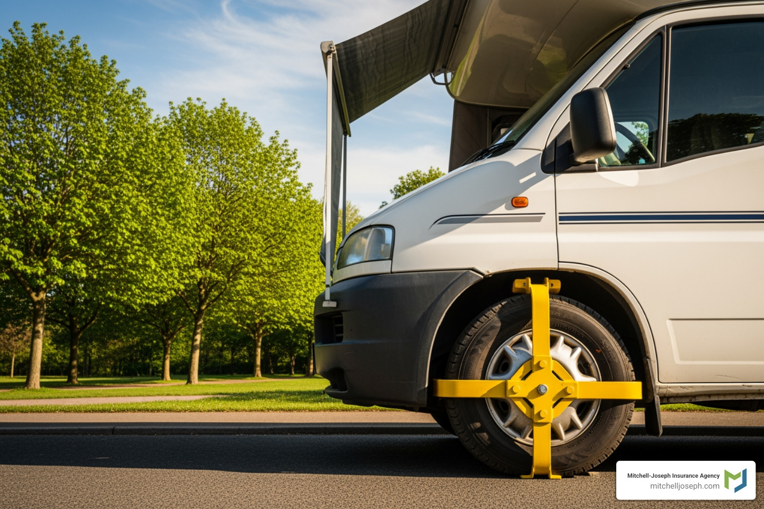 wheel clamp on a campervan tire - camper insurance