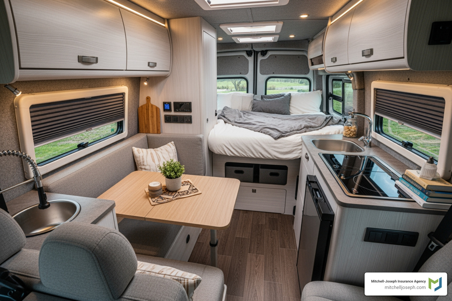 interior of a well-organized campervan showing living quarters - camper insurance