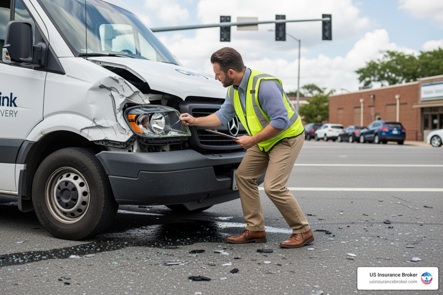 claims adjuster inspecting a damaged commercial van after an accident - commercial auto insurance claims adjuster inspecting a damaged commercial van after an accident - commercial auto insurance