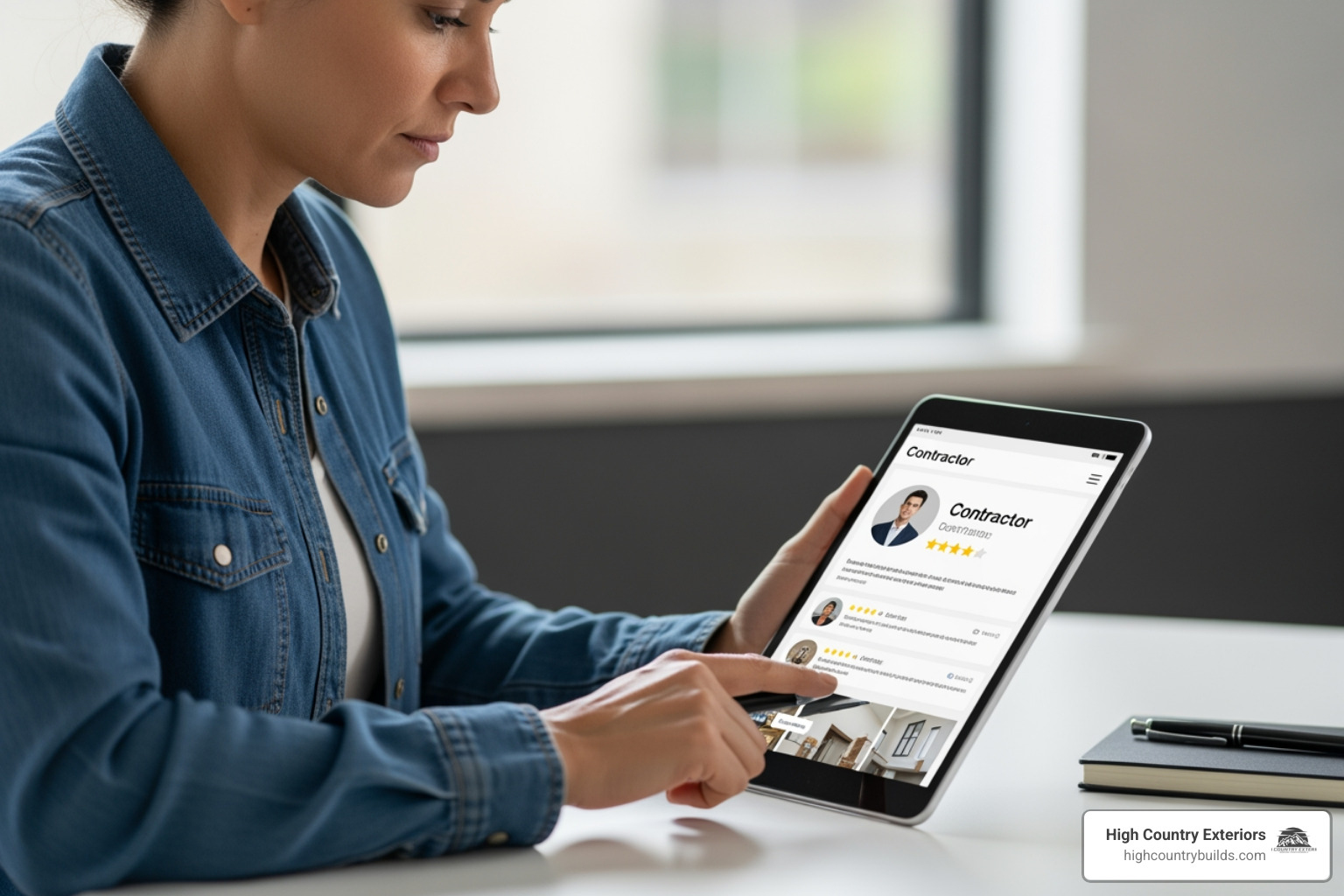 Person reviewing contractor portfolios and reviews on a tablet - contractors twin falls id