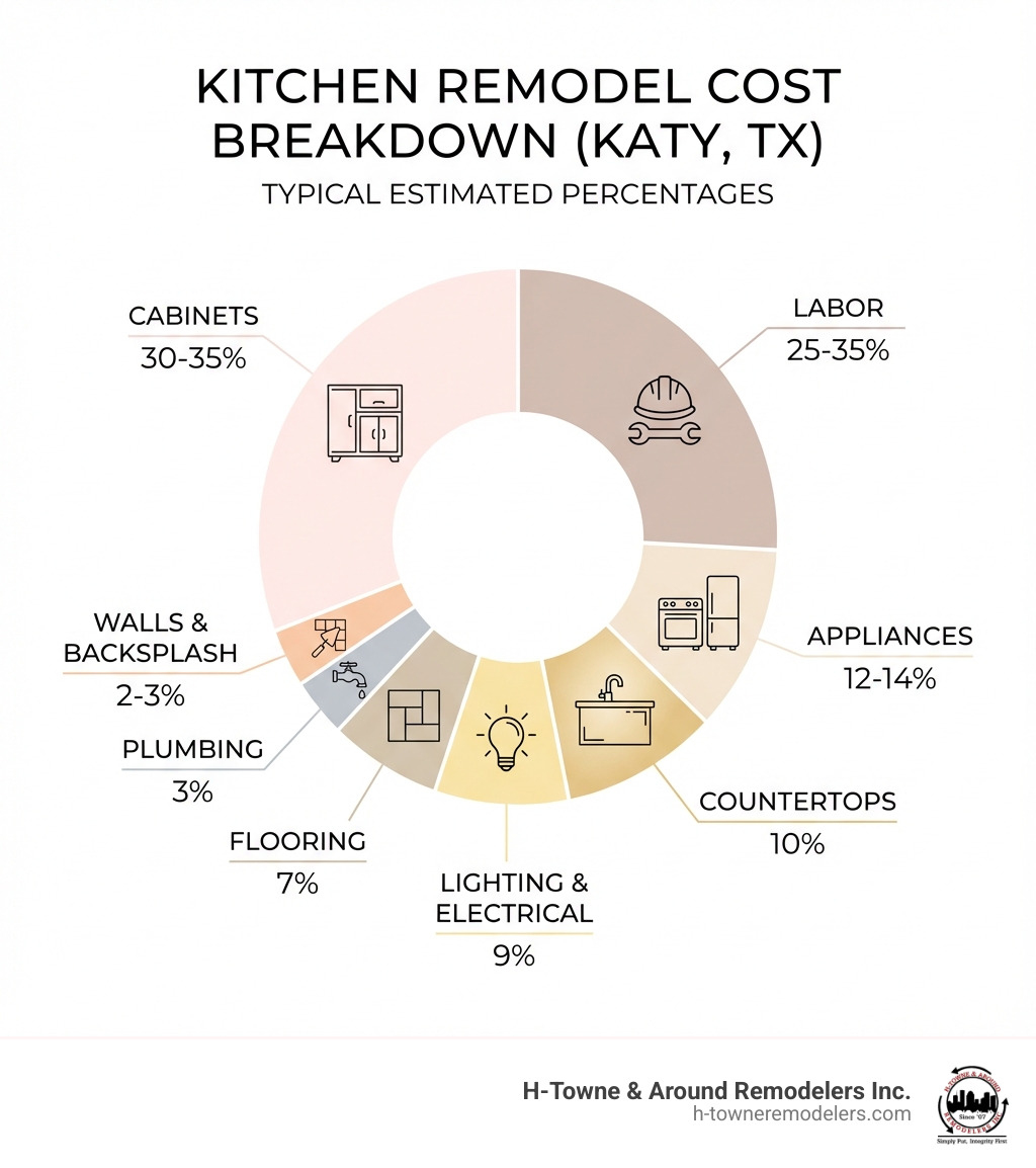 infographic showing kitchen remodel cost breakdown with percentages for cabinets 30-35%, countertops 10%, appliances 12-14%, labor 25-35%, lighting and electrical 9%, flooring 7%, plumbing 3%, and walls and backsplash 2-3% - kitchen remodel estimate in katy tx infographic infographic showing kitchen remodel cost breakdown with percentages for cabinets 30-35%, countertops 10%, appliances 12-14%, labor 25-35%, lighting and electrical 9%, flooring 7%, plumbing 3%, and walls and backsplash 2-3% - kitchen remodel estimate in katy tx infographic
