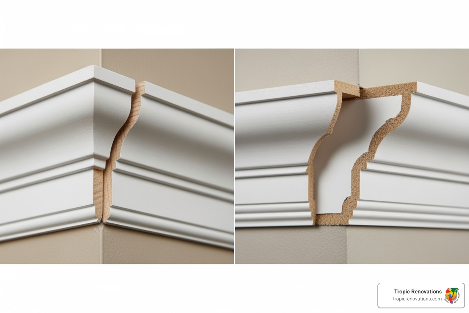 image illustrating the difference between a mitered joint and a coped joint - como instalar crown molding