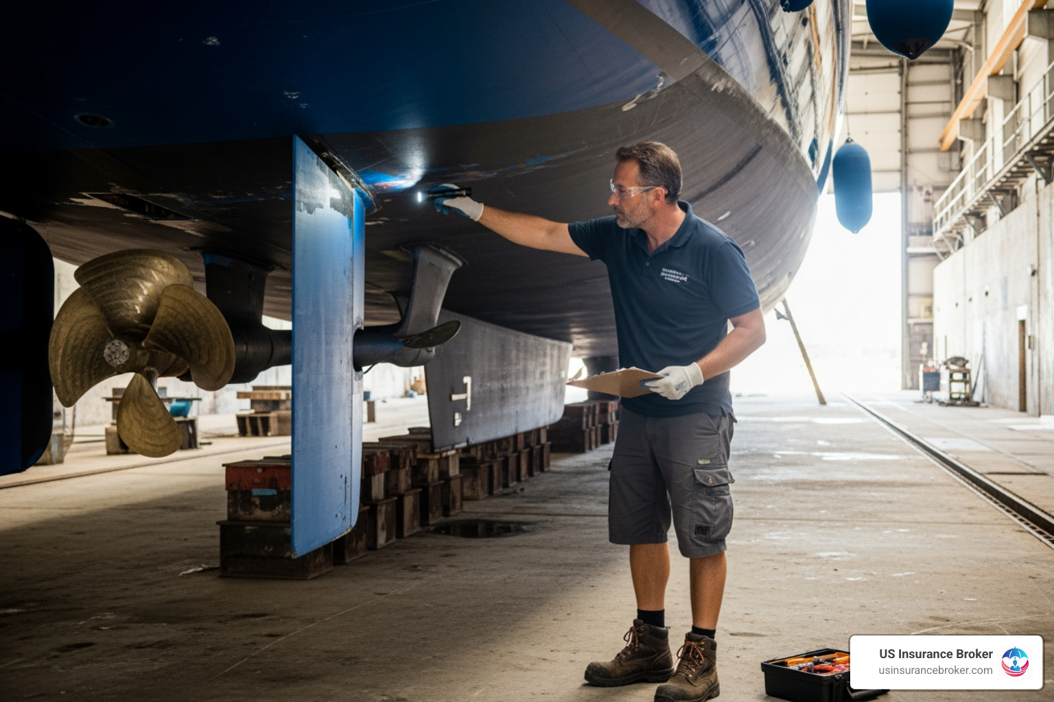 Marine surveyor inspecting a yacht's hull - yacht insurance in florida