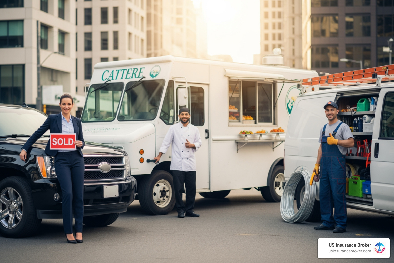 diverse group of professionals (e.g., a real estate agent, a caterer, a plumber) standing near their respective work vehicles - commercial auto insurance diverse group of professionals (e.g., a real estate agent, a caterer, a plumber) standing near their respective work vehicles - commercial auto insurance
