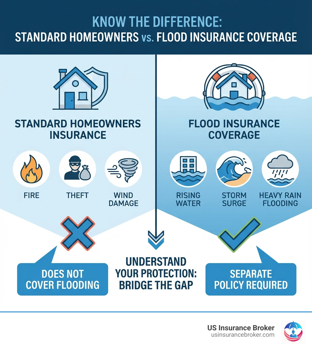 infographic showing the difference between standard homeowners insurance coverage and flood insurance coverage, with homeowners insurance covering fire, theft, and wind damage, while flood insurance covers rising water, storm surge, and heavy rain flooding - flood insurance coverage florida infographic infographic showing the difference between standard homeowners insurance coverage and flood insurance coverage, with homeowners insurance covering fire, theft, and wind damage, while flood insurance covers rising water, storm surge, and heavy rain flooding - flood insurance coverage florida infographic