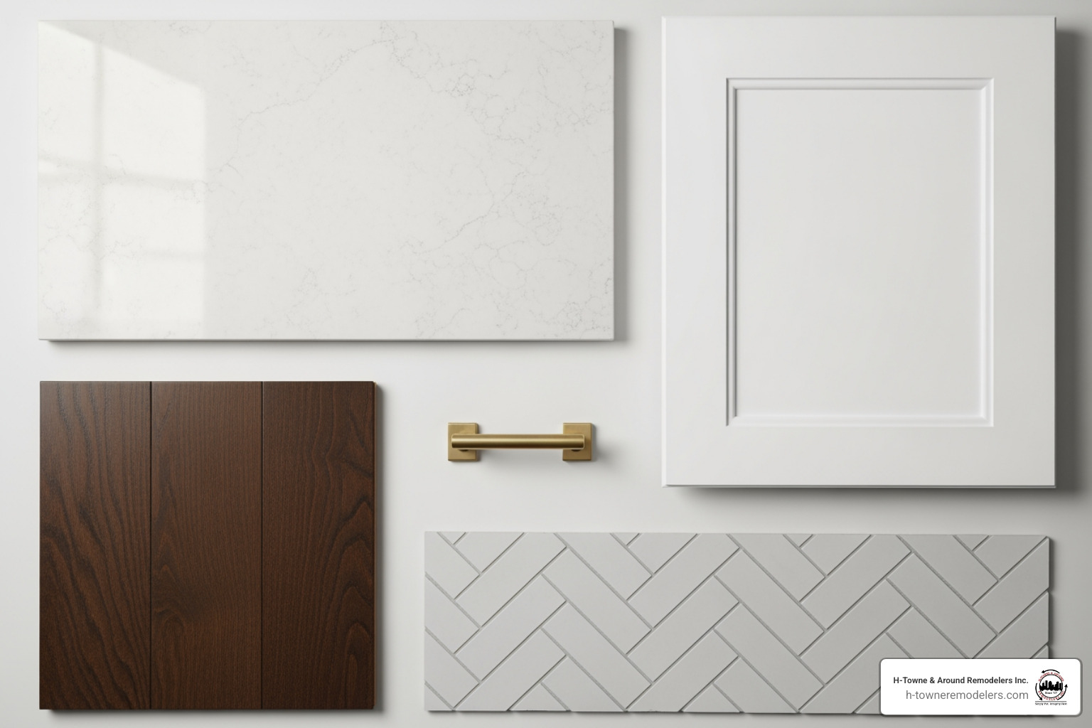 A kitchen design mood board with samples of light-colored quartz countertop, white shaker cabinet door, brushed brass hardware, herringbone tile backsplash, and dark wood flooring - Kitchen remodel Cypress TX
