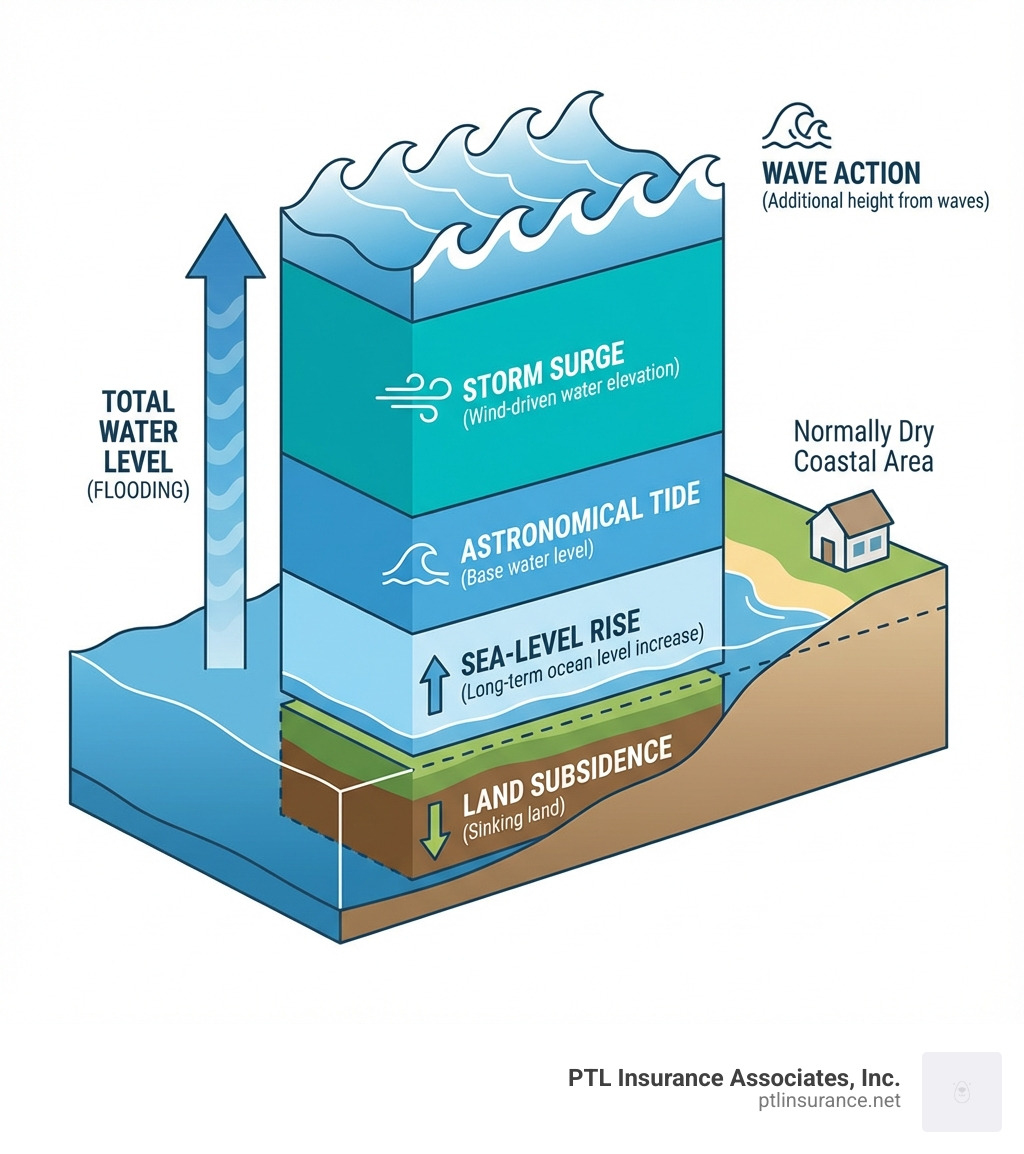 Infographic breaking down a coastal flood event into its components: astronomical tide (base water level), storm surge (wind-driven water elevation), sea-level rise (long-term ocean level increase), wave action (additional height from waves), and land subsidence (sinking land), all combining to create total water level that floods normally dry coastal areas - Coastal flood risk infographic Infographic breaking down a coastal flood event into its components: astronomical tide (base water level), storm surge (wind-driven water elevation), sea-level rise (long-term ocean level increase), wave action (additional height from waves), and land subsidence (sinking land), all combining to create total water level that floods normally dry coastal areas - Coastal flood risk infographic