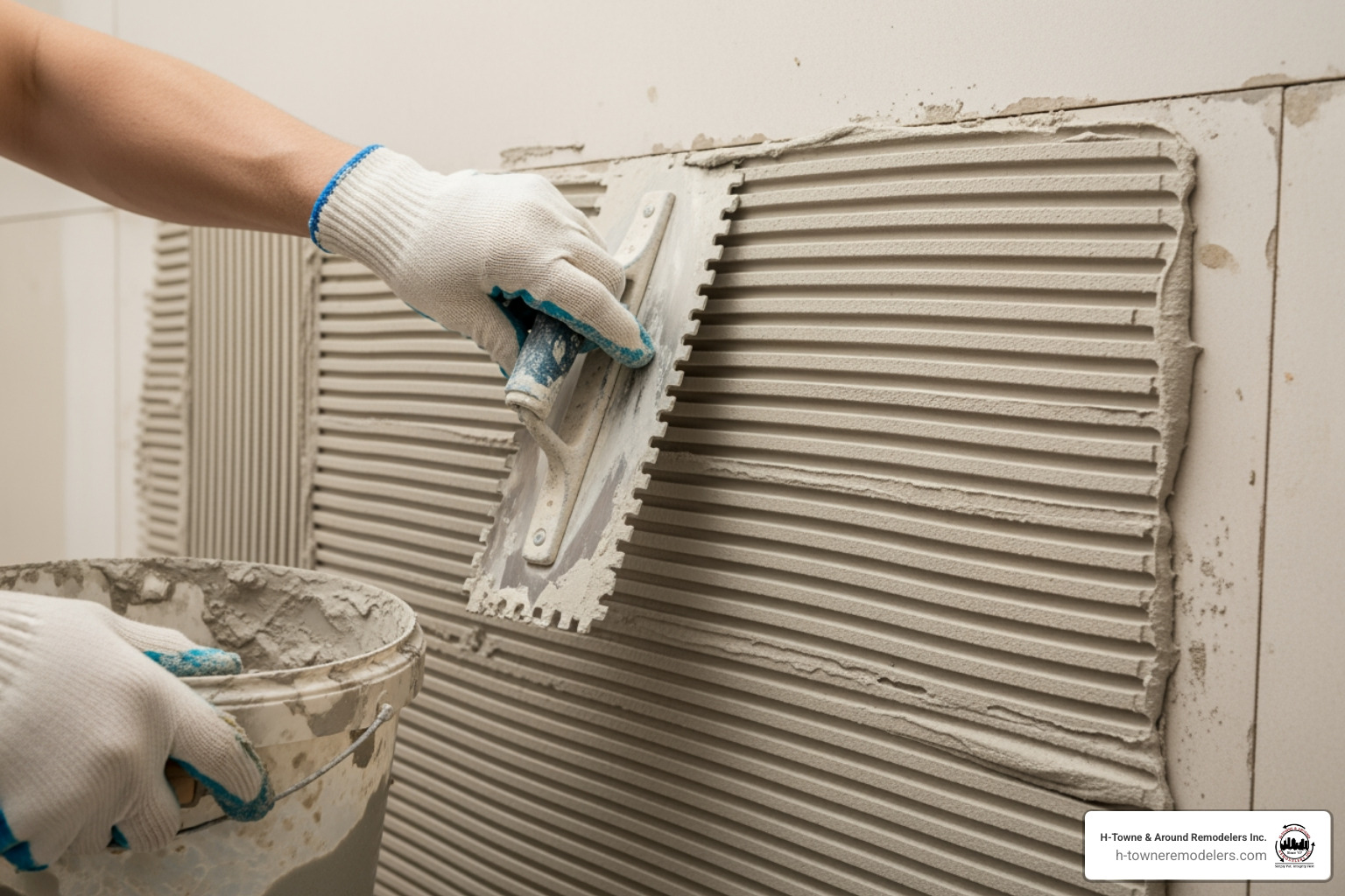 Image of a person applying thinset mortar to a wall with a notched trowel, showing straight-line combing - bathroom tile installation