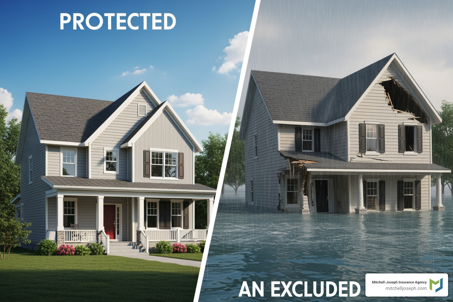 A split screen showing a protected home vs. one with excluded perils like a flood - average rental insurance costs A split screen showing a protected home vs. one with excluded perils like a flood - average rental insurance costs