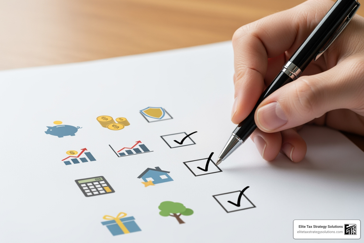 A checklist with items like "Mortgage Interest," "Charitable Donations," "Medical Expenses," and "Child Tax Credit" ticked off, representing maximized deductions and credits. - tax saving tips 2024 A checklist with items like "Mortgage Interest," "Charitable Donations," "Medical Expenses," and "Child Tax Credit" ticked off, representing maximized deductions and credits. - tax saving tips 2024