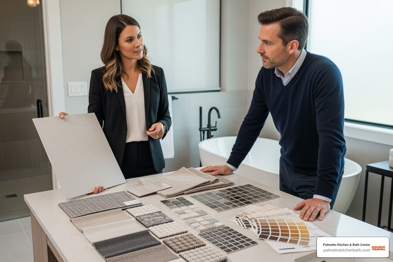 design consultant showing material samples - bathroom renovation company