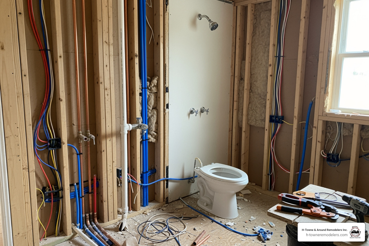 bathroom mid-renovation showing new plumbing and electrical infrastructure - bathroom remodeling houston
