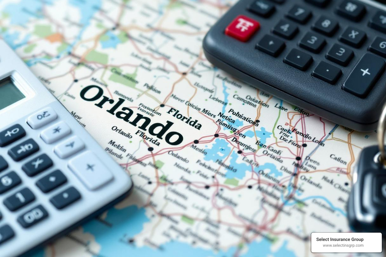 calculator and car keys on a map of Orlando - average cost of car insurance in orlando fl