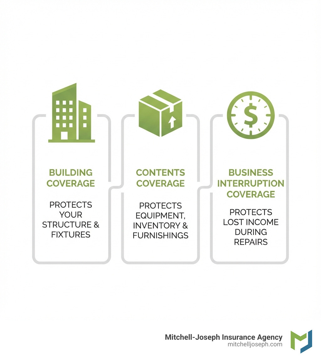 infographic showing three pillars: a building icon labeled Building Coverage protects your structure and fixtures, a box icon labeled Contents Coverage protects equipment inventory and furnishings, and a clock with dollar sign icon labeled Business Interruption Coverage protects lost income during repairs - property insurance insurance infographic infographic showing three pillars: a building icon labeled Building Coverage protects your structure and fixtures, a box icon labeled Contents Coverage protects equipment inventory and furnishings, and a clock with dollar sign icon labeled Business Interruption Coverage protects lost income during repairs - property insurance insurance infographic