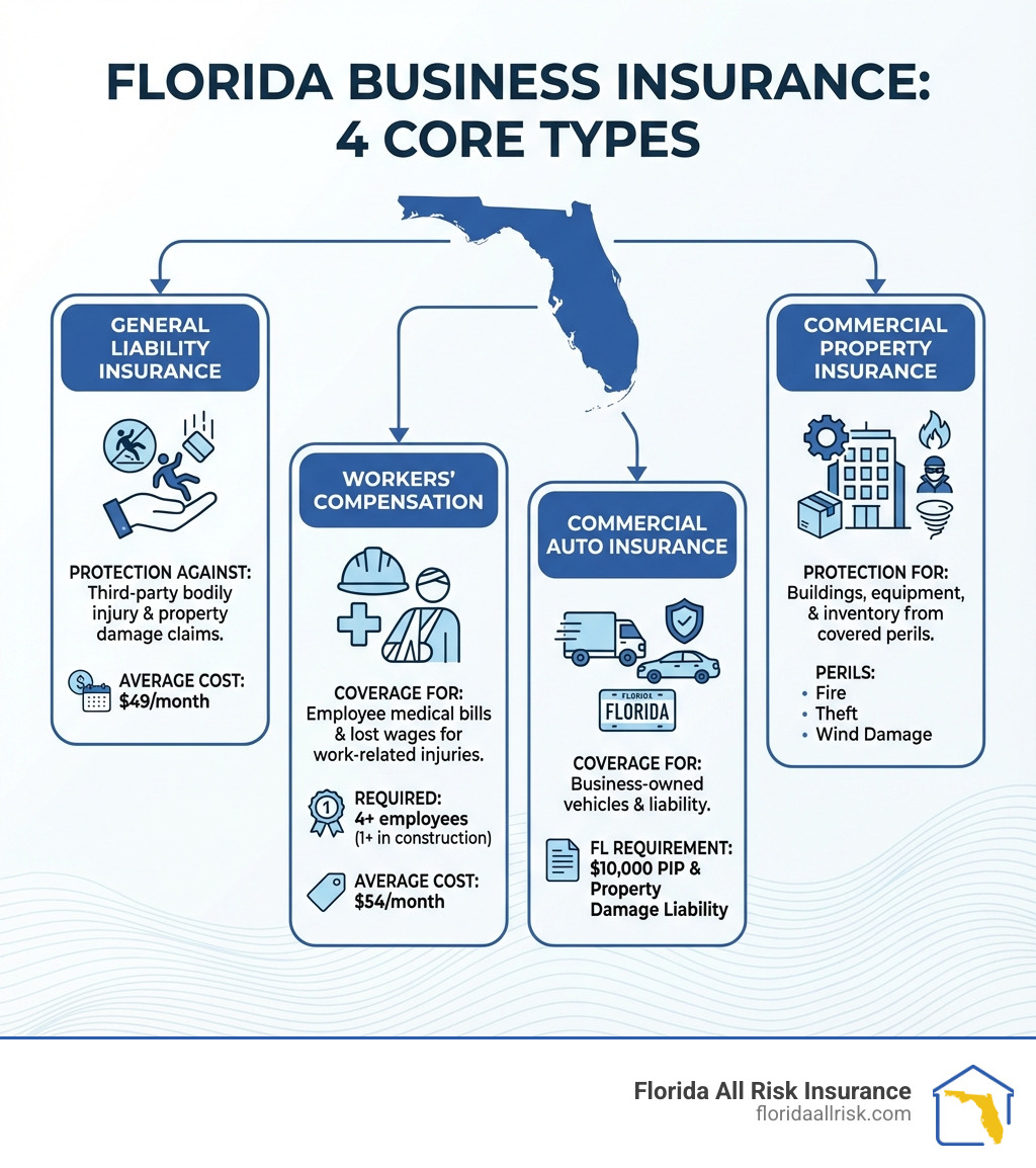 Infographic showing the four core types of business insurance in Florida: General Liability Insurance protects against third-party bodily injury and property damage claims with an average cost of $49 per month; Workers' Compensation Insurance covers employee medical bills and lost wages for work-related injuries, required for 4+ employees or 1+ in construction at an average of $54 per month; Commercial Auto Insurance provides coverage for business-owned vehicles with Florida's minimum requirement of $10,000 PIP and property damage liability; and Commercial Property Insurance protects business buildings, equipment, and inventory from covered perils like fire, theft, and wind damage - business insurance florida infographic 