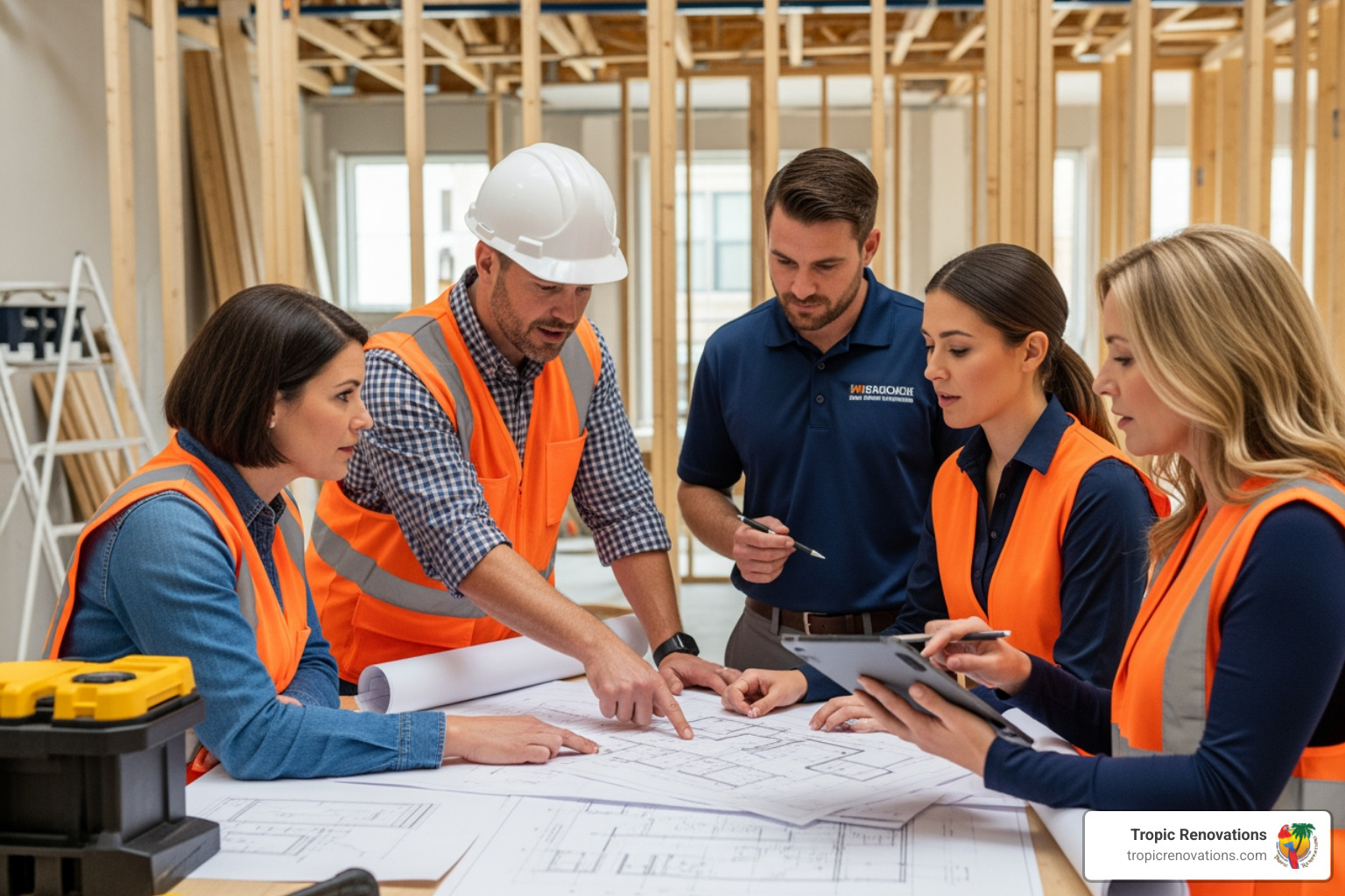 professional contractor team reviewing blueprints with a homeowner - sarasota remodeling contractors