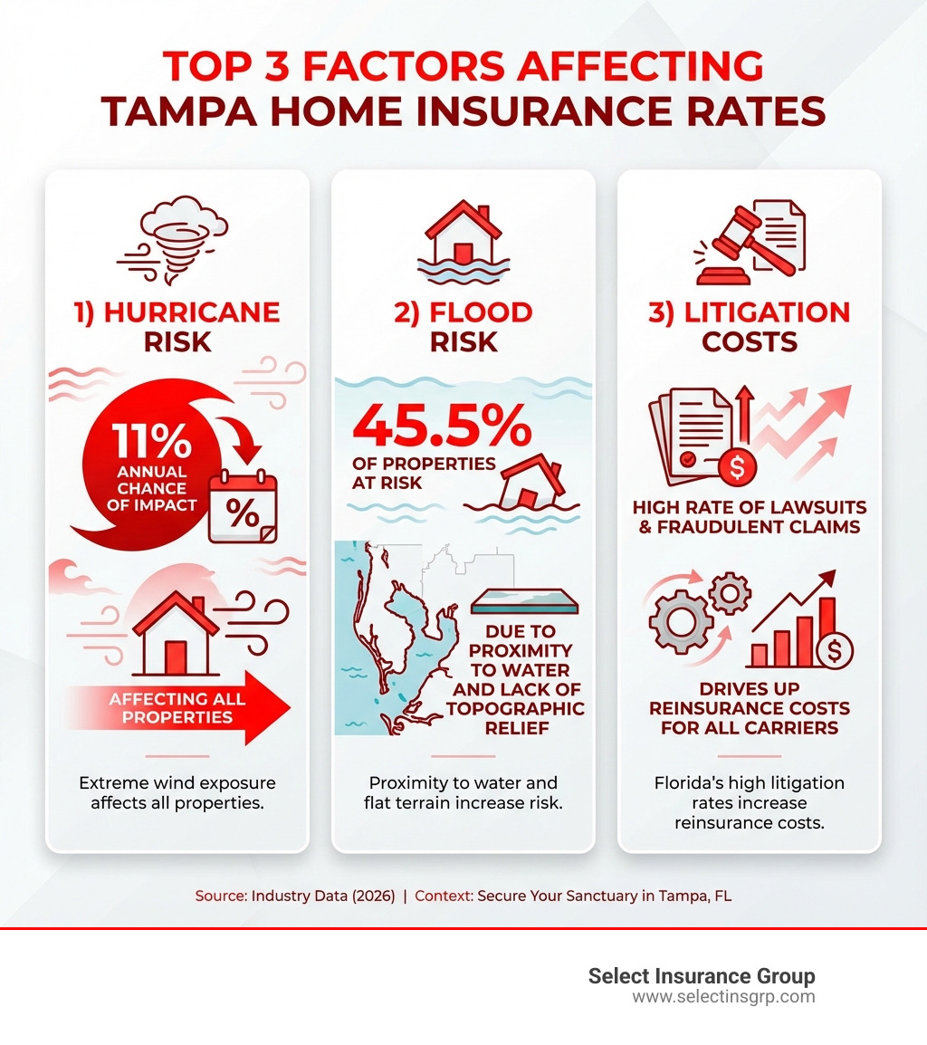 Infographic showing the top 3 factors affecting Tampa home insurance rates: 1) Hurricane Risk - Tampa has an 11% annual chance of hurricane impact with extreme wind exposure affecting all properties, 2) Flood Risk - 45.5% of Tampa properties are at risk of flooding due to proximity to water and lack of topographic relief, 3) Litigation Costs - Florida's high rate of insurance lawsuits and fraudulent claims drives up reinsurance costs for all carriers - cheap homeowners insurance tampa fl infographic 