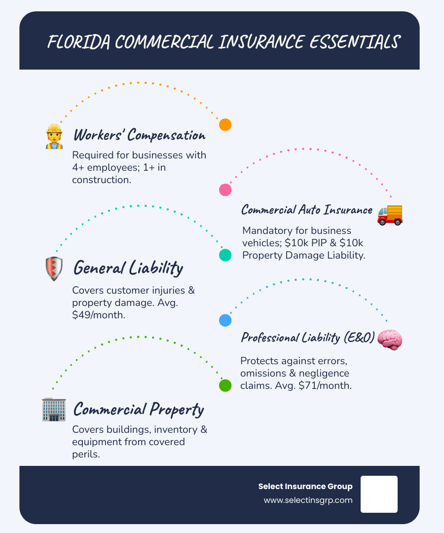 infographic showing florida commercial insurance requirements: workers compensation for 4+ employees or 1+ in construction, commercial auto insurance for business vehicles with $10000 pip and $10000 property damage minimum, plus recommended coverages including general liability at $49 per month average, professional liability at $71 per month average, commercial property for buildings and inventory, and business owners policy for bundled savings - commercial insurance florida infographic infographic-line-5-steps-blues-accent_colors infographic showing florida commercial insurance requirements: workers compensation for 4+ employees or 1+ in construction, commercial auto insurance for business vehicles with $10000 pip and $10000 property damage minimum, plus recommended coverages including general liability at $49 per month average, professional liability at $71 per month average, commercial property for buildings and inventory, and business owners policy for bundled savings - commercial insurance florida infographic infographic-line-5-steps-blues-accent_colors