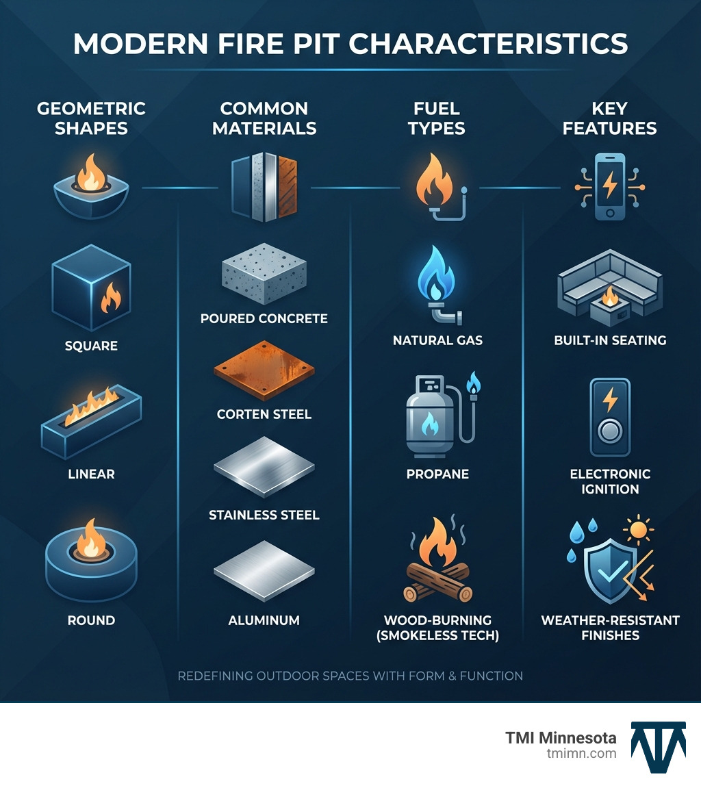Infographic showing modern fire pit characteristics: geometric shapes (square, linear, round), common materials (poured concrete, Corten steel, stainless steel, aluminum), fuel types (natural gas, propane, wood-burning with smokeless technology), and key features (built-in seating, electronic ignition, weather-resistant finishes) - modern outdoor fire pit designs infographic 