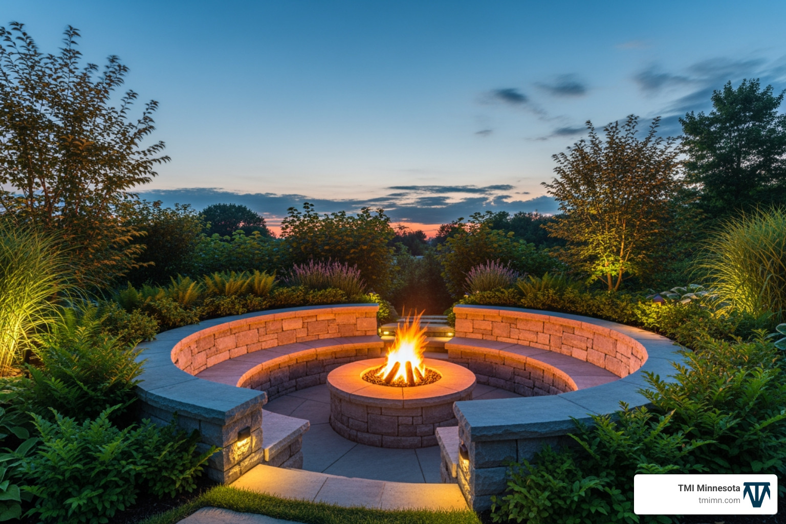 sunken fire pit area with built-in bench seating - modern outdoor fire pit designs