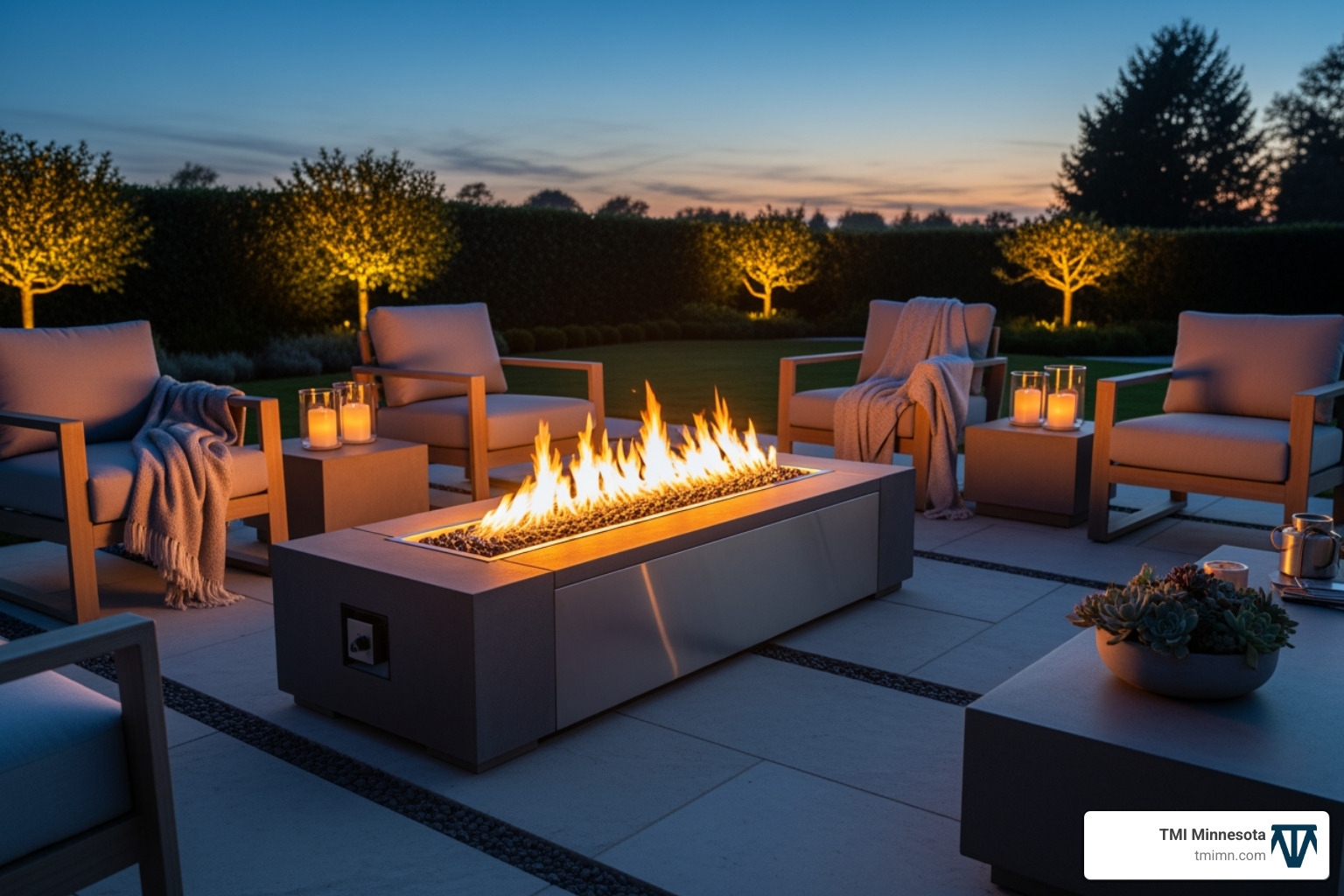 modern outdoor fire pit on patio at twilight - modern outdoor fire pit designs