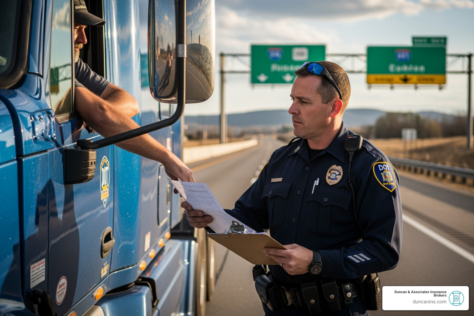 DOT officer inspecting a truck's paperwork - Hazmat truck insurance