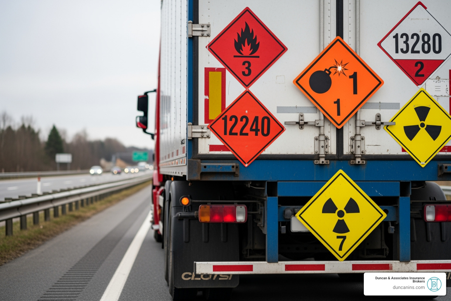 Various hazmat placards on the side of a truck - Hazmat truck insurance