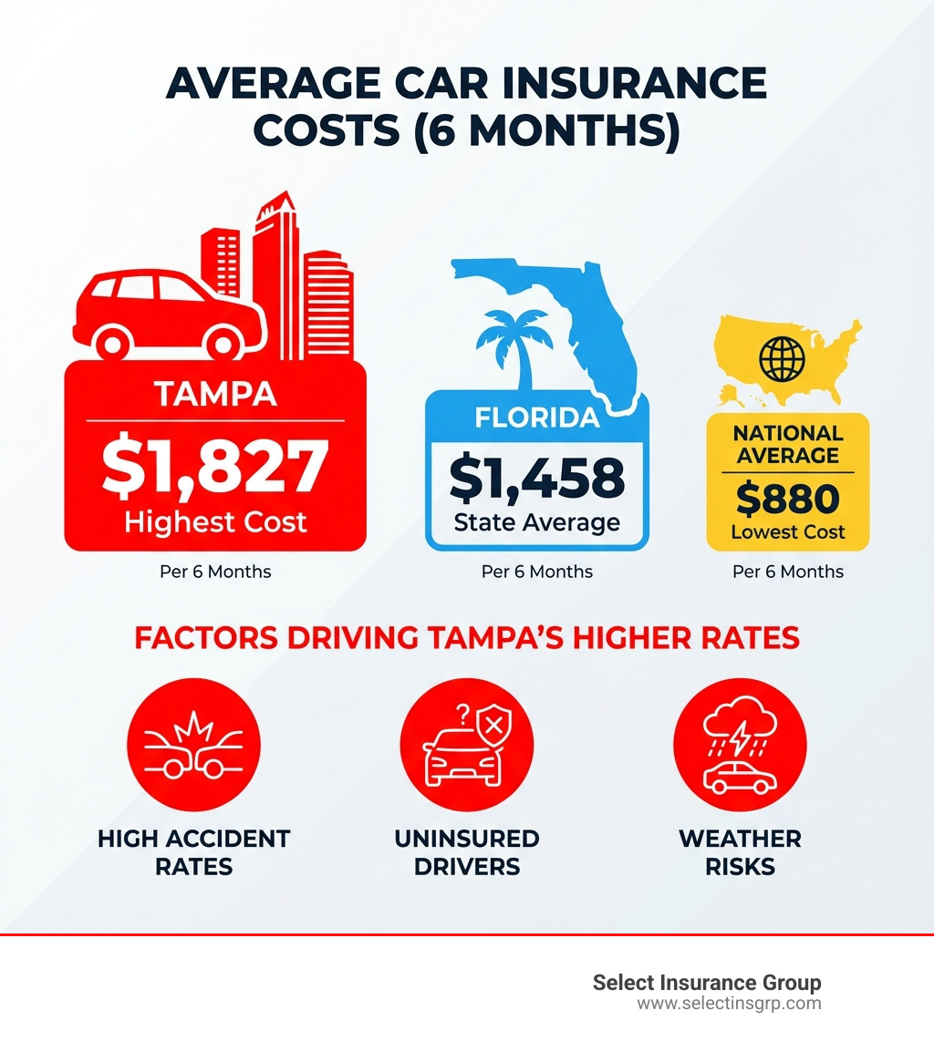 Infographic comparing average car insurance costs: Tampa $1,827 per 6 months, Florida $1,458 per 6 months, National Average $880 per 6 months, with breakdown of factors including high accident rates, uninsured drivers, and weather risks - affordable car insurance tampa fl infographic 