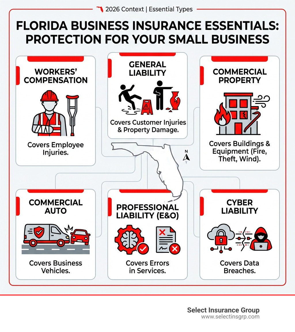 infographic showing the main types of Florida business insurance: Workers' Compensation covers employee injuries; General Liability covers customer injuries and property damage; Commercial Property covers buildings and equipment from fire, theft, and wind; Commercial Auto covers business vehicles; Professional Liability covers errors in services; Cyber Liability covers data breaches - Small business insurance Florida infographic 