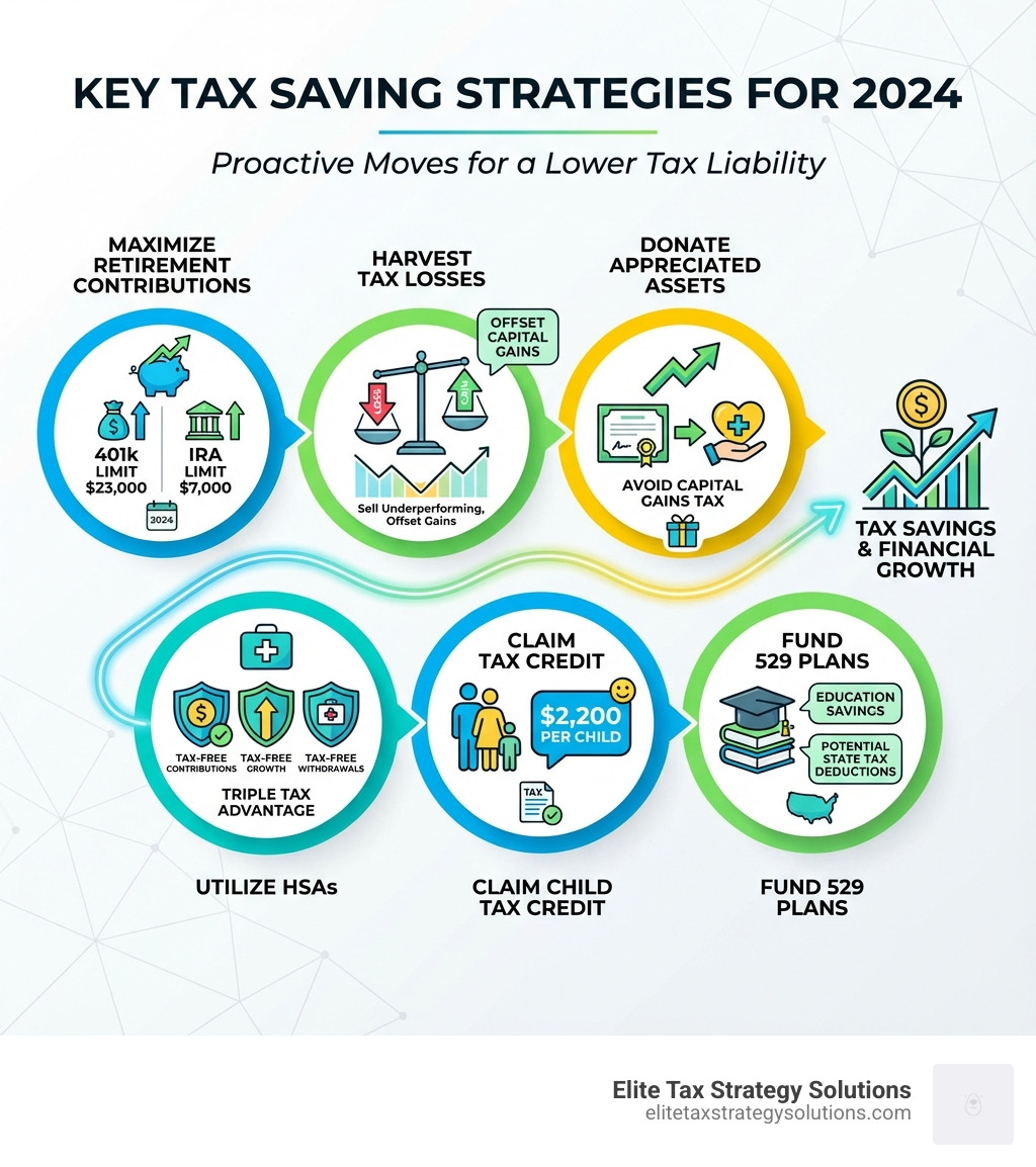 Infographic showing key tax saving strategies for 2024: maximize retirement contributions (401k limit $23,000, IRA limit $7,000), harvest tax losses to offset capital gains, donate appreciated assets to avoid capital gains tax, utilize HSAs for triple tax advantage, claim Child Tax Credit ($2,200 per child), and fund 529 plans for education savings with potential state tax deductions - tax saving tips 2024 infographic Infographic showing key tax saving strategies for 2024: maximize retirement contributions (401k limit $23,000, IRA limit $7,000), harvest tax losses to offset capital gains, donate appreciated assets to avoid capital gains tax, utilize HSAs for triple tax advantage, claim Child Tax Credit ($2,200 per child), and fund 529 plans for education savings with potential state tax deductions - tax saving tips 2024 infographic