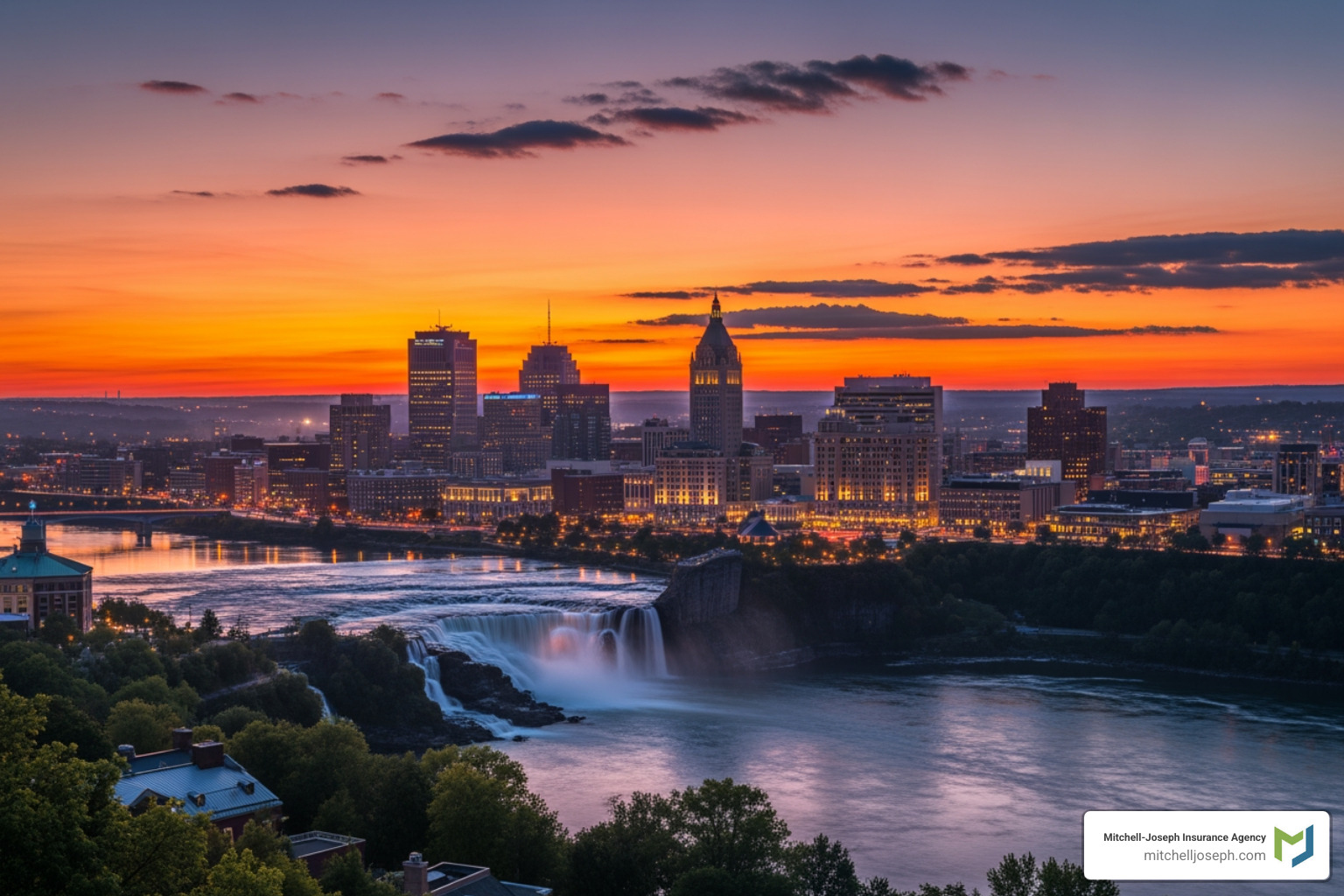 Rochester, NY cityscape at sunset - auto insurance companies rochester ny