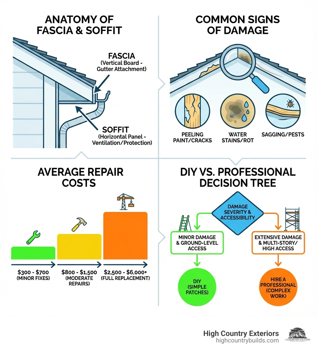 Infographic showing the anatomy of fascia and soffit on a home, common signs of damage like peeling paint and water stains, average repair costs ranging from $300 to $6,000, and a decision tree for when to DIY versus hire a professional based on damage severity and home accessibility - Fascia soffit repair infographic 