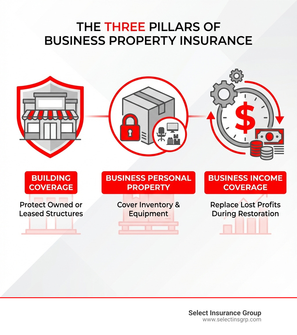 Infographic showing three pillars of business property insurance: a building icon labeled "Building Coverage" protecting owned or leased structures, a box icon labeled "Business Personal Property" covering inventory and equipment, and a clock with dollar sign labeled "Business Income Coverage" replacing lost profits during restoration - business property insurance orlando fl infographic 