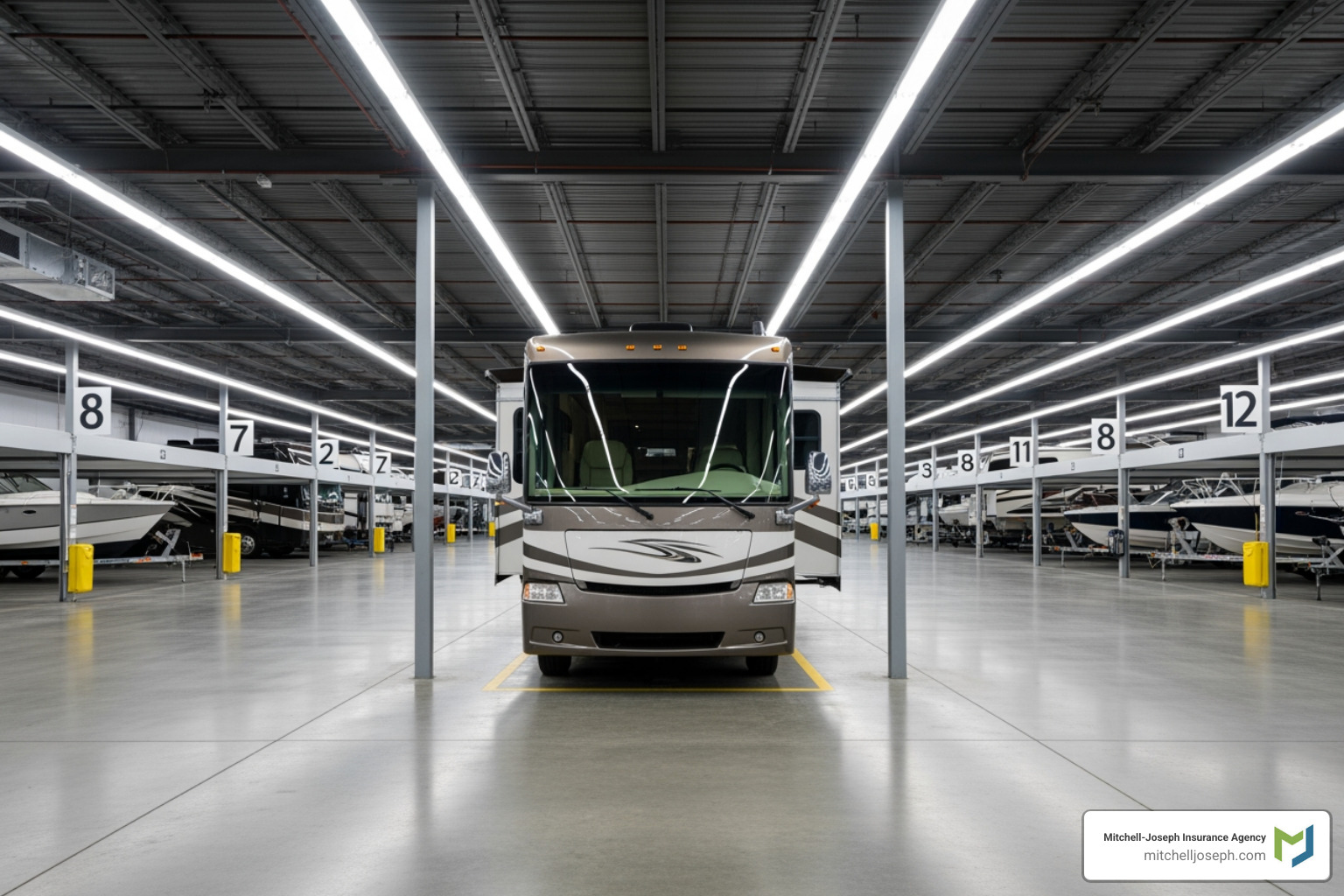 RV parked safely in a storage facility - RV contents coverage RV parked safely in a storage facility - RV contents coverage